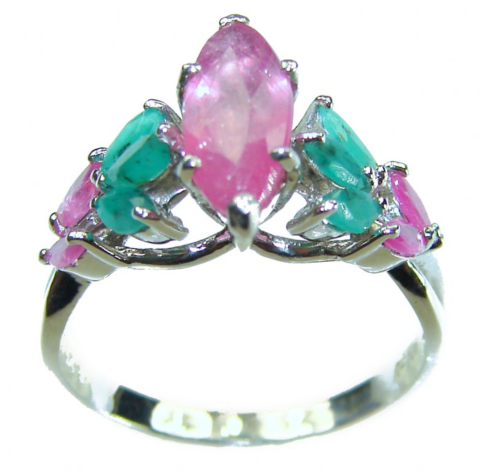 Authentic 5.3 carat Ruby .925 Sterling Silver handmade Cocktail Ring s. 7 - Front angle of sterling silver ring with pink and green gemstones.