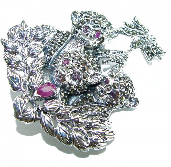 Three Monkeys - Spectacular - Ruby Marcasite .925 Sterling Silver handmade Brooch - Three monkeys brooch with rubies and marcasite, front view.