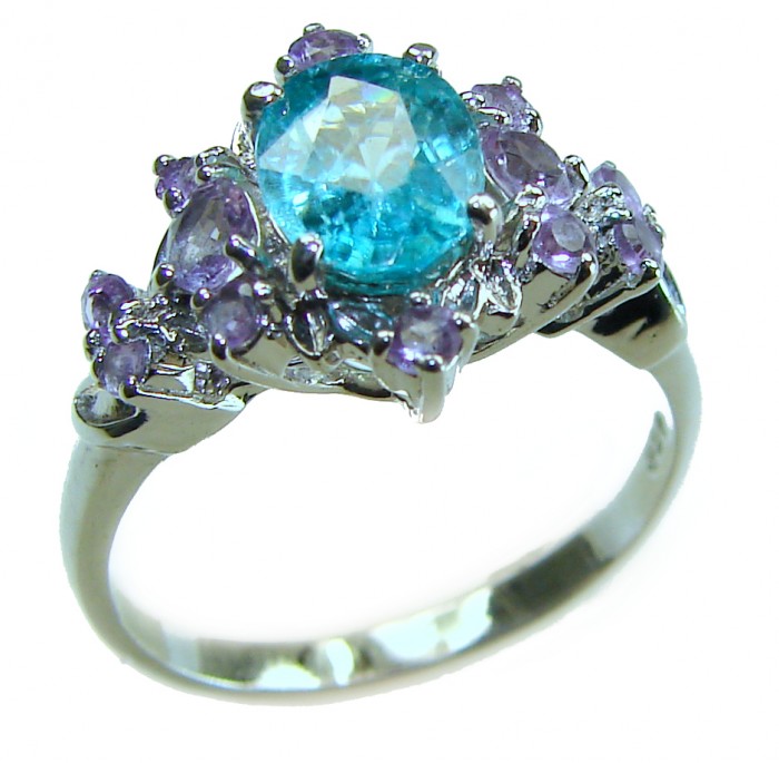 Pure Perfection 3.1 carat GENUINE Apatite .925 Silver handcrafted Ring s. 9 - Silver ring with blue apatite and purple stones, angled side view.