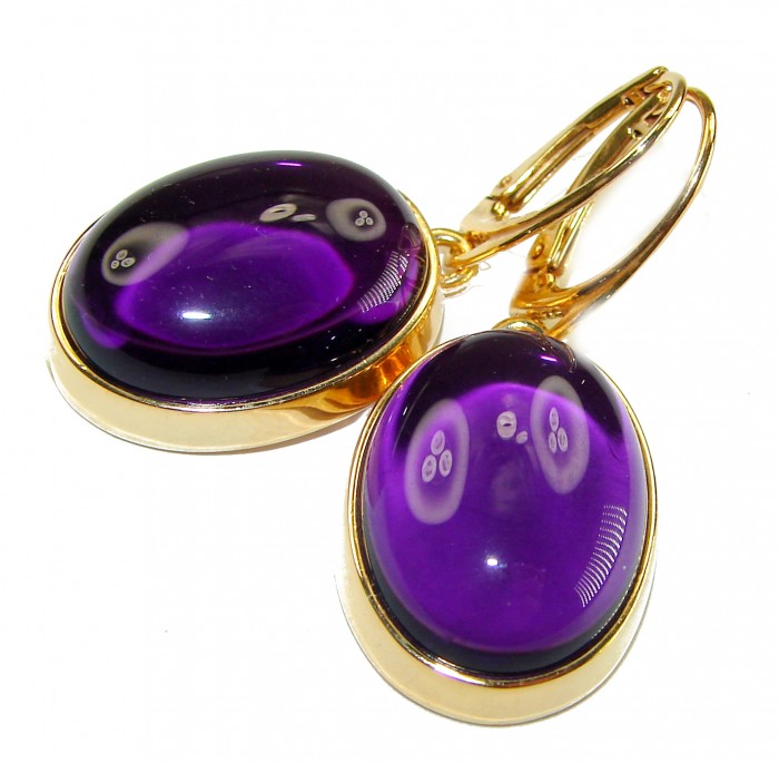 Lavender Beauty authentic 16.2 carat Amethyst 14K Gold over .925 Sterling Silver handcrafted earrings - Close-up of Lavender Beauty amethyst earrings in 14K gold setting.