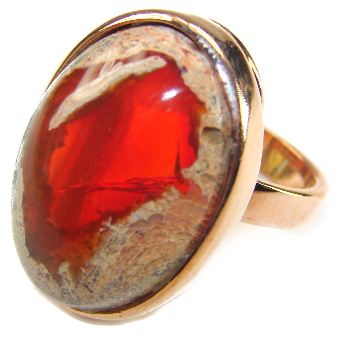 Golden Galaxy best quality 25.8 carat Mexican Opal 18K Rose Gold over .925 Sterling Silver handmade ring 7 adjustable - Close-up of Mexican opal ring in 18K rose gold setting.