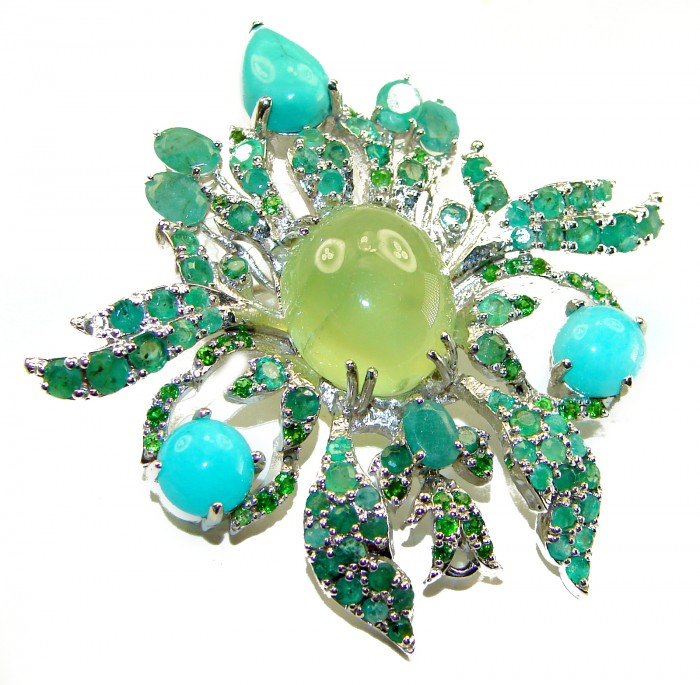 Gabriella 55.8 carat Colombian Emerald Prehnite Rhodium over .925 Sterling Silver handmade Pendant Brooch - Front view of Gabriella emerald and prehnite rhodium-over brooch.
