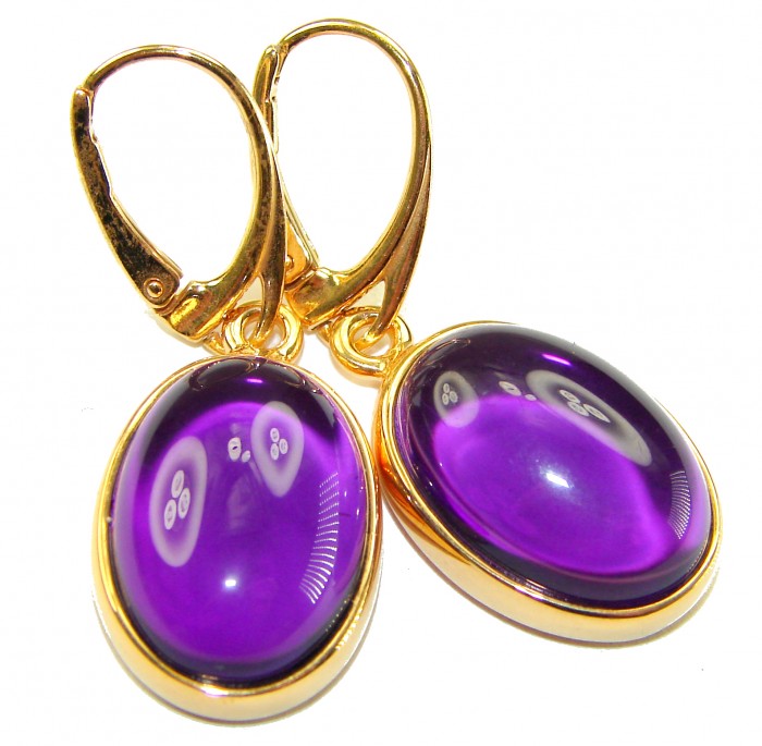 Lavender Beauty authentic 16.2 carat Amethyst 14K Gold over .925 Sterling Silver handcrafted earrings - Gold drop earrings with purple amethyst stones, front view close-up.