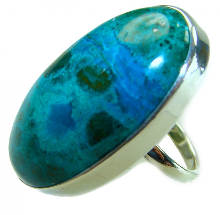 HUGE - Bohemian Style - Stone Of Harmony Parrots Wing Chrysocolla .925 Sterling Silver ring s. 7 adjustable - Close-up of Parrots Wing Chrysocolla ring stone in silver setting