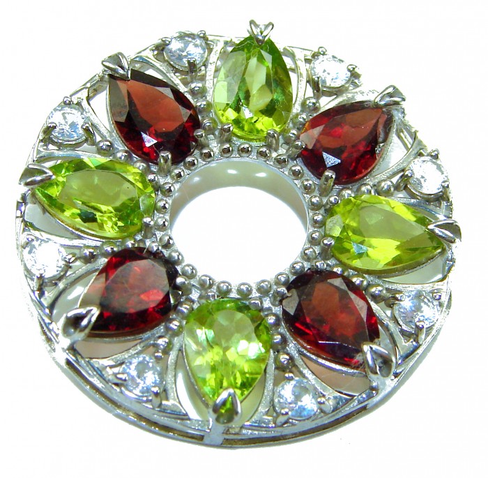 Happiness Authentic 35.5 carat Peridot Garnet .925 Sterling Silver handmade Statement Pendant - Peridot and Garnet circular brooch, close-up, highlighting stones