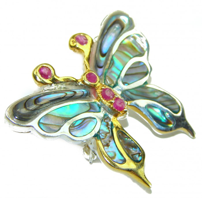 BUTTERFLY Natural Rainbow Abalone .925 Sterling Silver handmade Pendant - Butterfly brooch with abalone and red stones in silver and gold, top view.