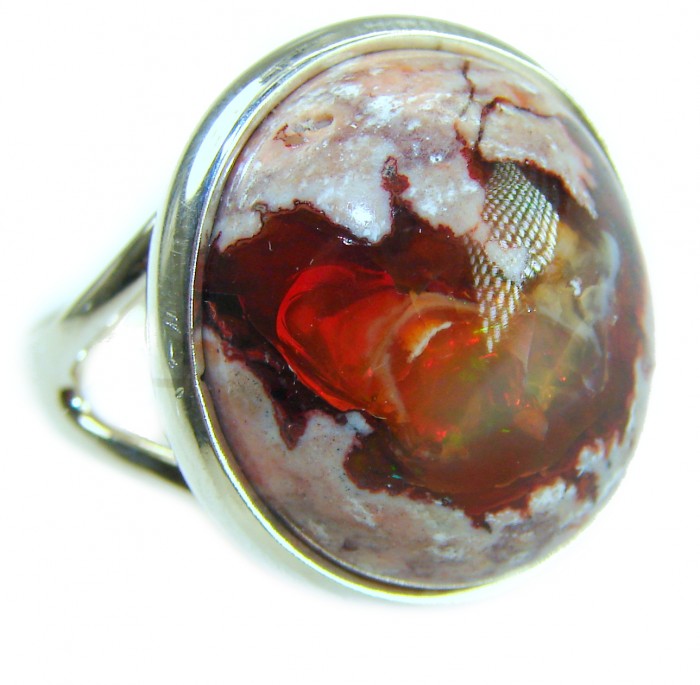Bonfire Night best quality 18.4 carat Mexican Opal .925 Sterling Silver handmade ring 7 1/4 - Close-up of Bonfire Night Mexican Opal ring in .925 sterling silver