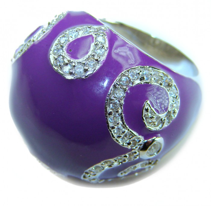 Divine Creation White Jade Enamel .925 Sterling Silver handcrafted Ring s. 8 - Purple enamel sterling silver ring, close-up of swirl design with gems.