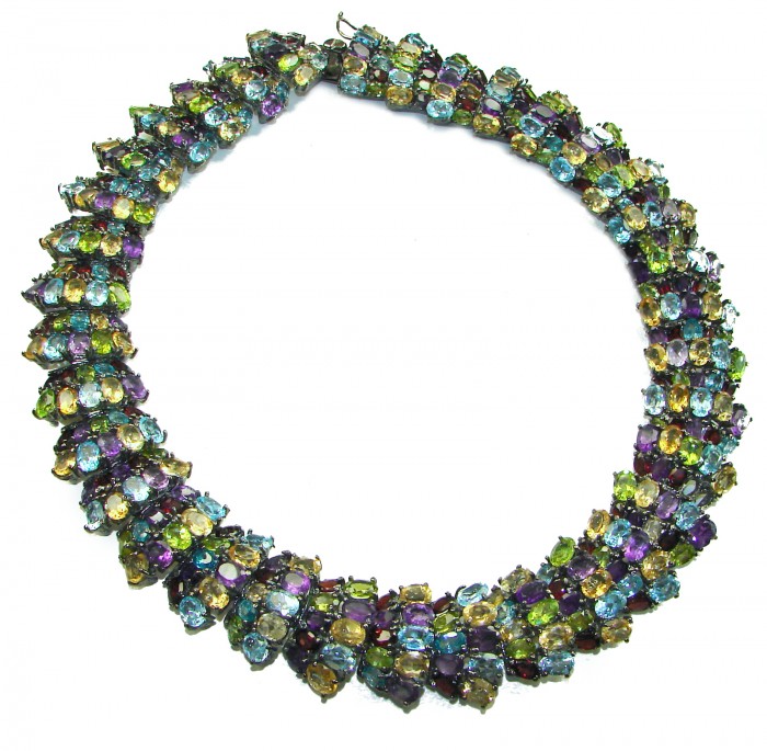 Infinity 285.5 carat Authentic Multigems Black Rhodium over .925 Sterling Silver handcrafted Statement necklace - Colorful multigem necklace, top view, black rhodium setting