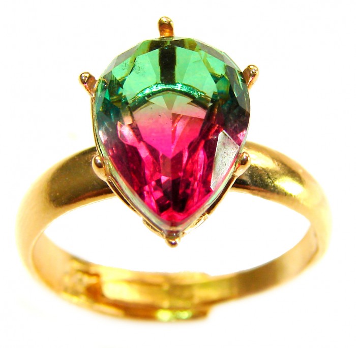 6.8 carat Brazilian Tourmaline .925 Sterling Silver dipped in 18K Gold Perfectly handcrafted Ring s. 8 adjustable - Pear-shaped Brazilian Tourmaline ring, close-up front view.