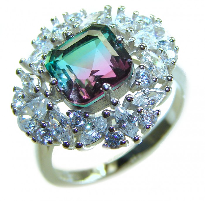 Assher cut 7.8 carat Brazilian Tourmaline .925 Sterling Silver Perfectly handcrafted Ring s. 7 1/2 - Close-up of Asscher cut Brazilian Tourmaline ring in sterling silver.