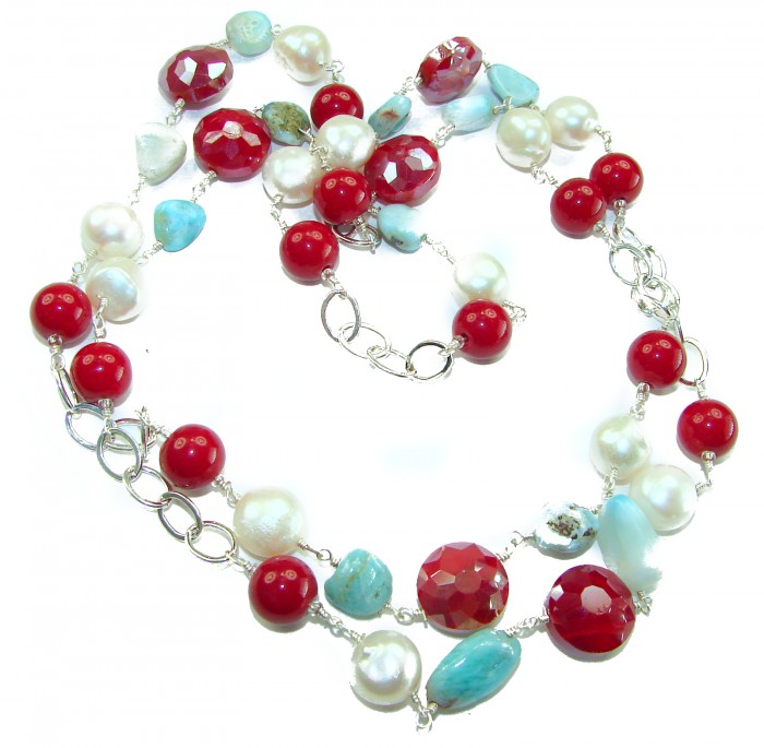 Sublime 32 inches long Red Fossilized Coral handmade Necklace - Colorful beaded necklace with red coral and blue beads, detailed view.