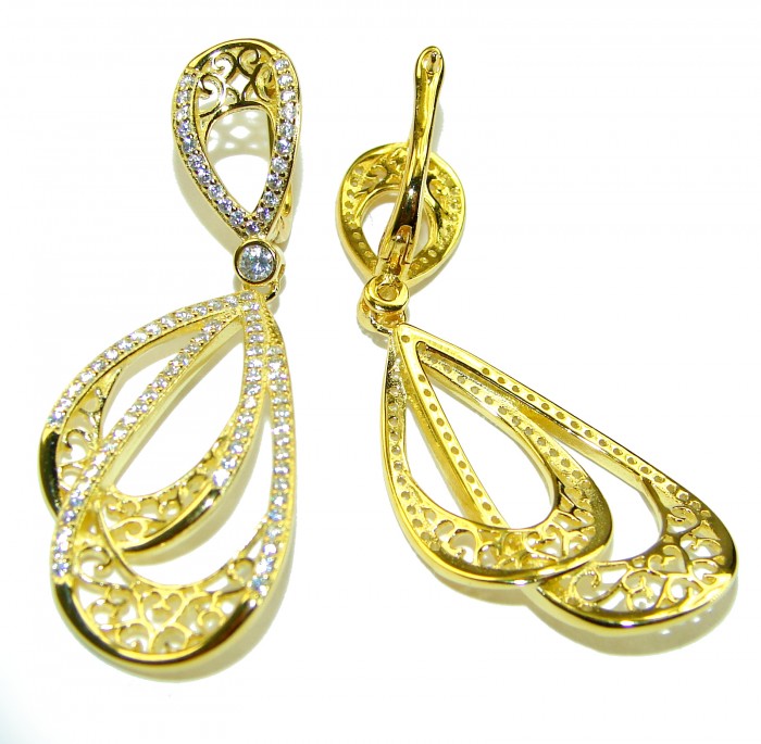 Black Label Collection - Dubai Style - Natural 22K Gold over .925 Sterling Silver handmade earrings - Gold earrings with intricate teardrop design, side view.