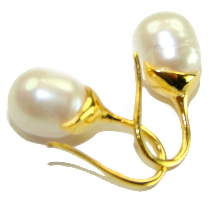 Genuine Pearl 18K Gold over .925 Sterling Silver handcrafted Statement Earrings - Close-up of pearl earrings with 18K gold over sterling silver hooks.