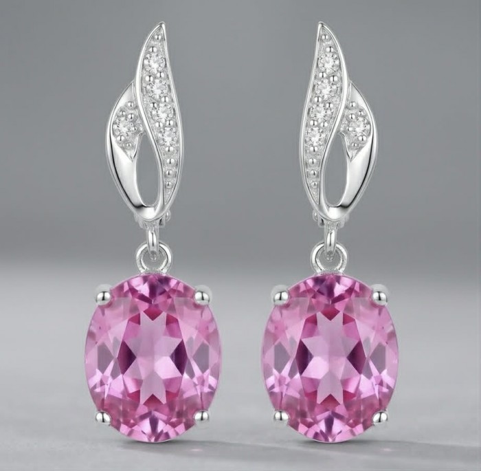 Tiffany - authentic 14.5 carat Pink Topaz .925 Sterling Silver handcrafted Earrings - Pink topaz earrings front view, sterling silver with diamond accents.