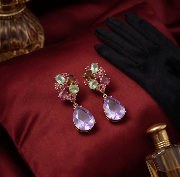 Lavender Beauty authentic 11.2 carat Amethyst 22K Gold over .925 Sterling Silver handcrafted earrings - Lavender Beauty Amethyst Earrings on red silk with black gloves and perfume.