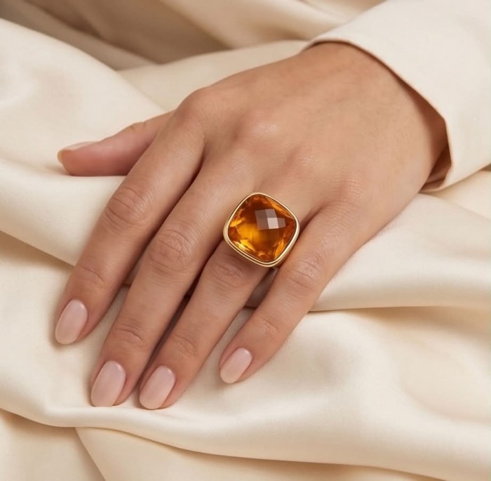 Golden Planet - 38.8 carat Golden Topaz Solid Statement golden Ring size 8 1/4 - photo 1