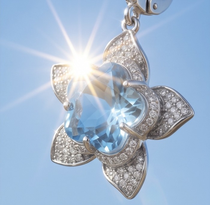 Forget -Me- Not flower 10.5 carat genuine Swiss Blue Topaz .925 Sterling Silver handmade Statement earrings - Close-up of Forget-Me-Not flower pendant with Swiss Blue Topaz.