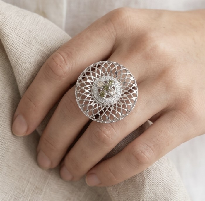 Casablanca - authentic 2.2 carat Tourmaline .925 Sterling Silver brilliantly handcrafted ring s. 7 - Intricate ring with tourmaline, worn on hand, top view.