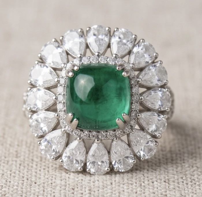 Elizabeth princess cut 4.8 carat Colombian Emerald 8.3 carat Moissanite .925 Sterling Silver dipped in Rhodium handcrafted Ring size 5 1/4 - Close-up of Elizabeth princess cut Colombian emerald ring with diamonds.