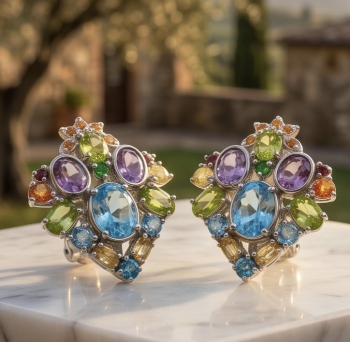 Atlantica 33.7 carat Swiss Blue Topaz .925 Sterling Silver dipped in rhodium Handcrafted Statement Large earrings - Front view of colorful gem-studded earrings on a marble surface
