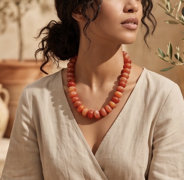 Carnelian - acting as a talisman to banish fear and inspire action - Natural 887.4 Cts Carnelian Agate .925 Sterling Silver MASSIVE Necklace - Woman wearing carnelian necklace, close-up view from the side