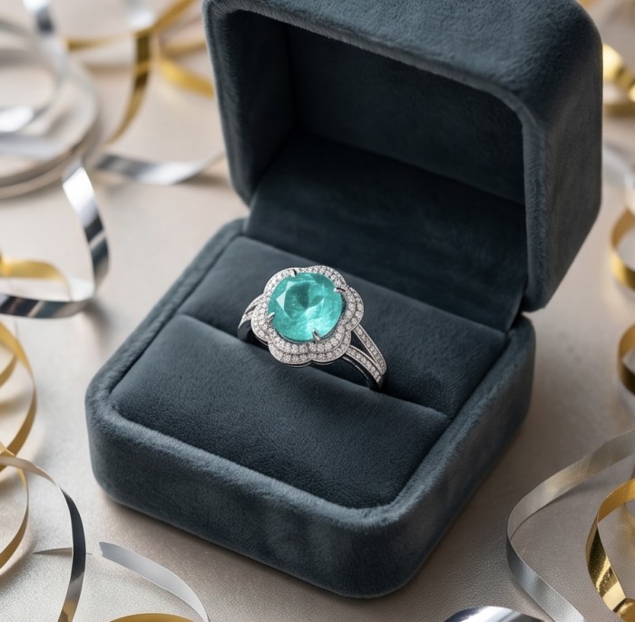 Giovanna - Authentic 9.9 carat COLOMBIAN EMERALD .925 Sterling Silver handcrafted Ring size 7 1/4 - Emerald ring in box, top view, with ribbon accents