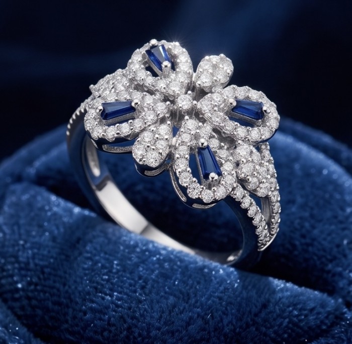 Art deco - Real 3.2 carat Sapphire Italy Made Silver Sterling Silver spinning ring s 7 - Art deco sapphire and diamond ring close-up on velvet background
