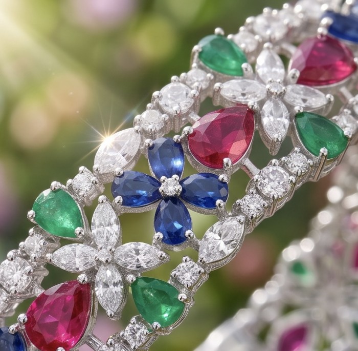 RARE BEAUTY! Valentina 31.2 carat Ruby Emerald Sapphire .925 Sterling Silver dipped in rhodium Statement Bracelet - Close-up of Valentina bracelet with ruby, emerald, sapphire, and diamonds.