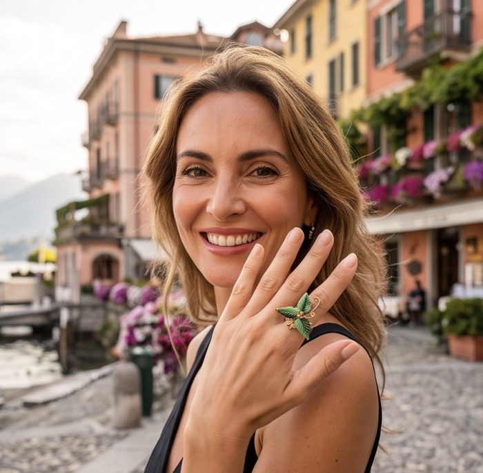 Real Art! Large Exotic Flower authentic carved Ruby In Zoisite 2 tones .925 Sterling Silver Ring s. 8 1/4 - Woman wearing exotic flower ring with cobblestone street backdrop.