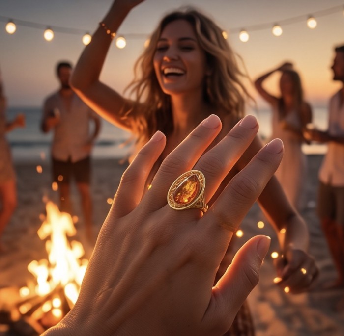 Authentic Baltic Amber 14K Gold over .925 Sterling Silver handcrafted ring; s. 7 adjustable - Ring with Baltic Amber in 14K Gold over Sterling Silver, worn on hand.