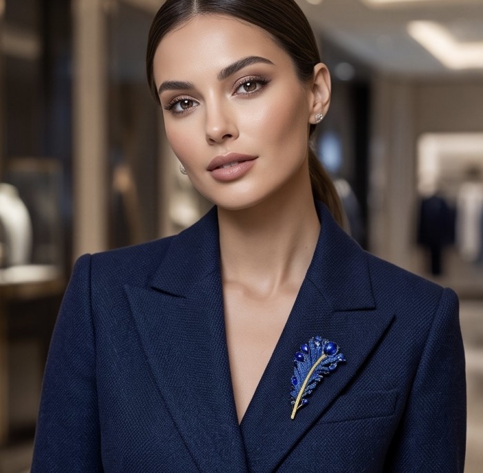 Magic Blue Feather Large 10.8 carats pave Sapphire .925 Sterling Silver DIPPED IN RHODIUM handmade Pendant - Brooch - Woman wearing Magic Blue Feather brooch on a navy blazer, front view.