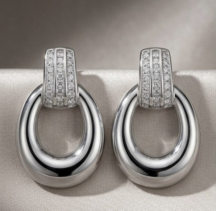Genuine 0.9 carat White Topaz .925 Sterling Silver handcrafted Statement Earrings - Sterling silver earrings with white topaz, front view.