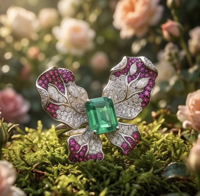 Iconic design - Exclusive Bow- Natural 4.5 carat carved Emerald pave 3.4 carat Ruby rhodium over .925 Sterling Silver handcrafted ring size 6 1/2 - Butterfly ring with emerald and gems, floral background, close-up view.