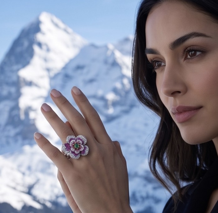 Rose Authentic 1.8 carat Emerald 3.9 carat pave Kasmir Ruby .925 Sterling Silver brilliantly dipped in rhodium 2 tones handcrafted Statement ring; s. 7 - Woman wearing Rose Authentic ring with emerald and ruby, snowy mountain backdrop