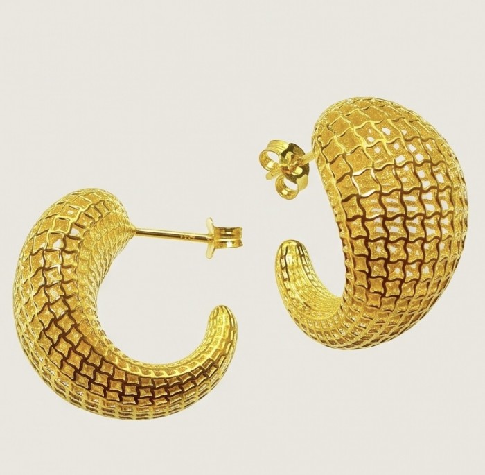 Dubai Style .925 Sterling Silver dipped in 22K Gold handmade Earrings - Dubai style gold-dipped earrings, textured crescent shape, side view.