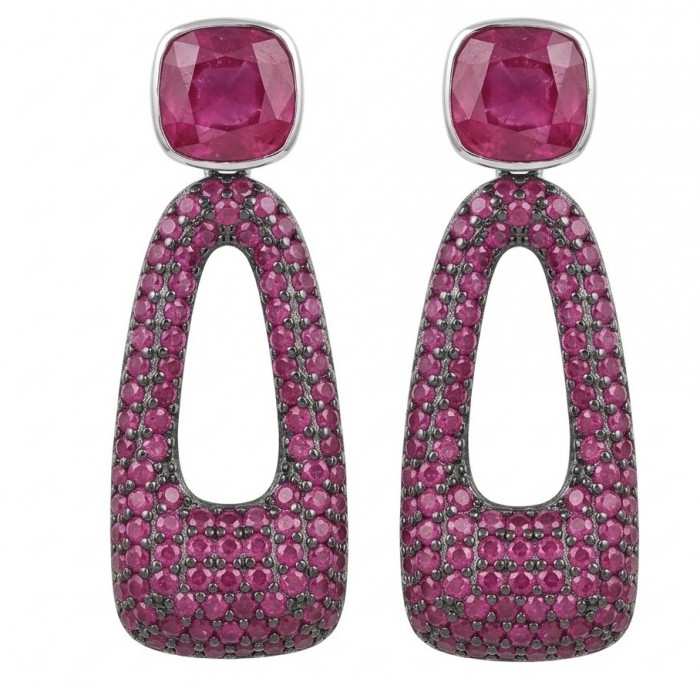 Bella Rossa - 2.5 carat pave Mozambique Ruby .925 Sterling Silver dipped in Rhodium handcrafted earrings - Bella Rossa Mozambique Ruby Earrings front view, sterling silver.