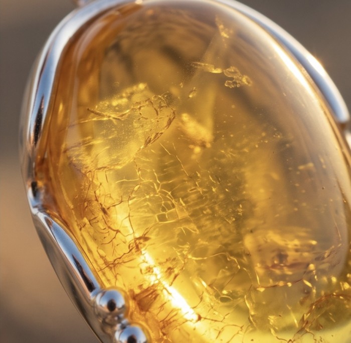 Prehistoric Authentic Golden Butterscotch Baltic Amber .925 Sterling Silver beautifully handcrafted Pendant - Stone close-up of golden butterscotch Baltic amber in silver setting
