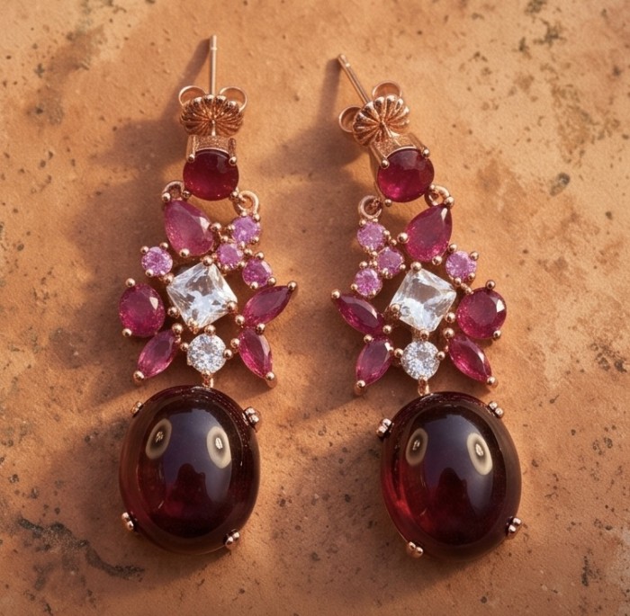 Extravaganza - 12.8 ctw Ruby 22K Rose Gold over .925 Sterling Silver handcrafted Statement handcrafted earrings - Top view of ruby and rose gold earrings with various gemstones.