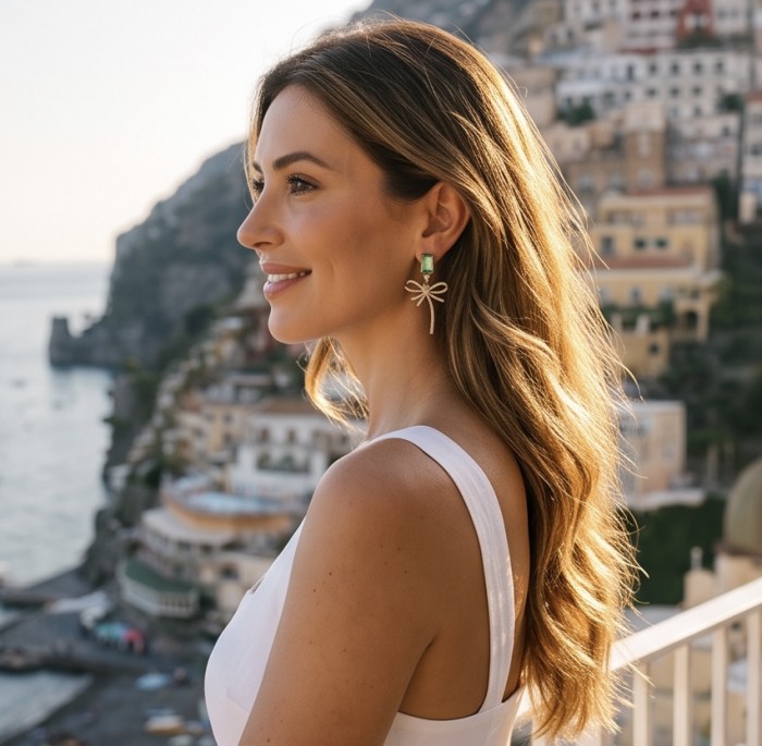 Luxurious 7.9 carat authentic Himalayan Peridot .925 Sterling Silver dipped in 14K Gold Handcrafted Statement Earrings - Side view of woman wearing Peridot earrings with scenic background.