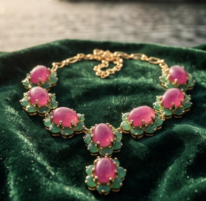 Juicy 22.2 carat Natural Kasmir Ruby 8.2 carat Colombian Emerald .925 Sterling Silver dipped in 22K Gold handcrafted Statement necklace - Necklace with pink rubies and green gemstones on dark green velvet.