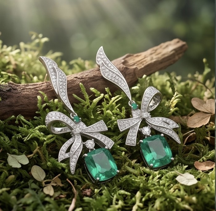 Green Bow - 12.5 carat Green Topaz rhodium over .925 Sterling Silver handmade Statement earrings - Elegant earrings with green topaz and diamond bow on moss background