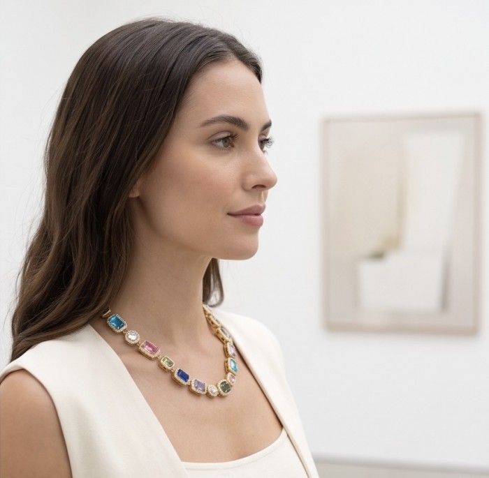 A Heritage in Bloom - 38.3 carat Natural Multigem .925 Sterling Silver dipped in 18K GOLD Handcrafted Statement Necklace - Side view of woman wearing A Heritage in Bloom multigem necklace