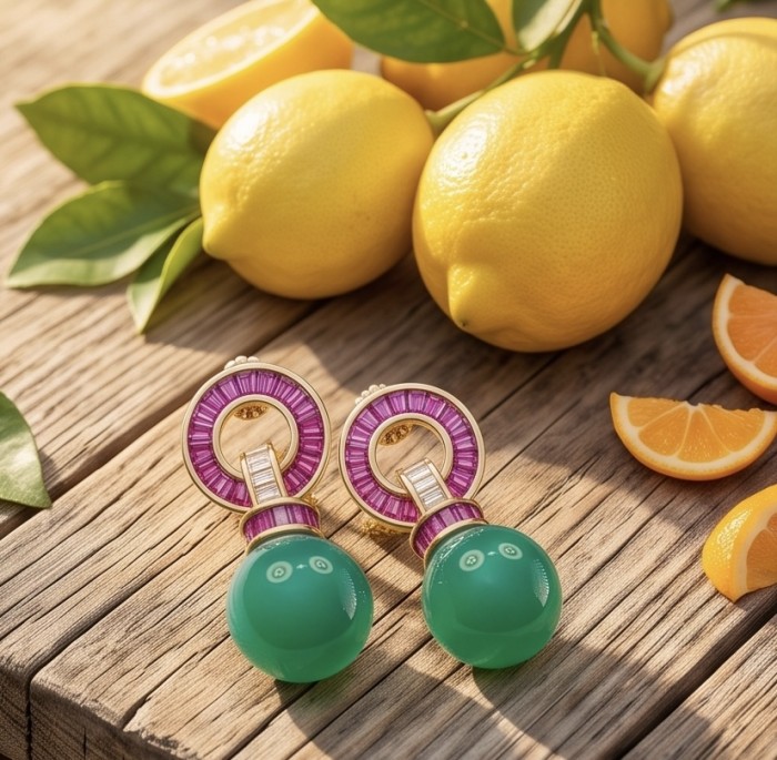 Art Deco Unique 10.8 carat genuine Jade 1.2 carat Ruby 18K Gold over over .925 Sterling Silver handcrafted earrings - Art Deco jade and ruby earrings, overhead view with lemons and oranges.