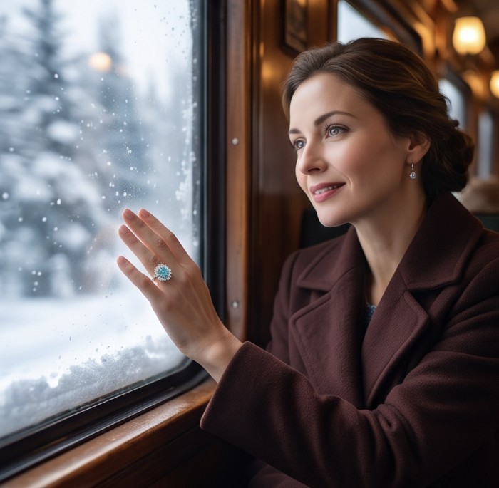Elizabeth 6.4 carat Paraiba Tourmaline 7.2 carat Moissanite .925 Sterling Silver Handcrafted Ring size 6 - Paraiba tourmaline ring worn on hand, snowy train window background.