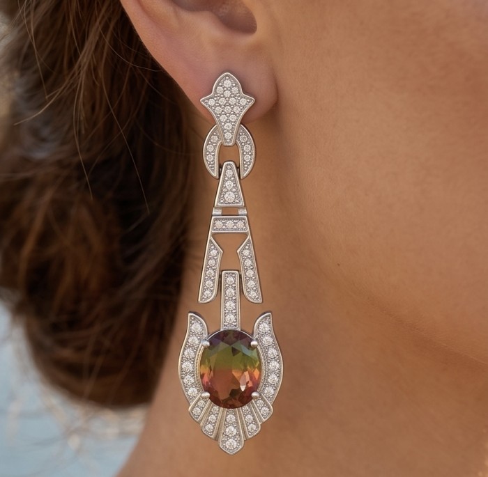 Luxurious 5.5 carat Brazilian Watermelon Tourmaline .925 Sterling Silver Handcrafted Earrings - Close-up of a luxurious earring with Brazilian watermelon tourmaline.