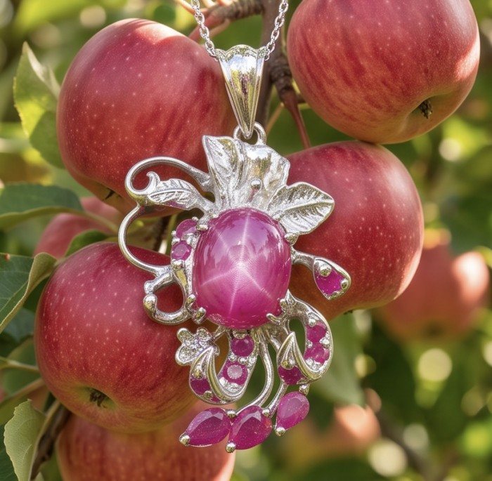 Emily 4.5 carat Ruby rhodium over .925 Sterling Silver handcrafted Pendant - Ruby pendant on tree branch, front view with apples in background