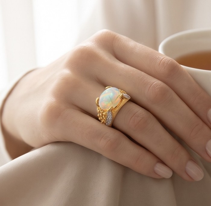 ENDLESS OCEAN 6.8 ctw Genuine Fire Ethiopian Opal 22K Gold over .925 Sterling Silver handmade Ring size 7 - Opal ring worn on hand, showing gold and stone detail.