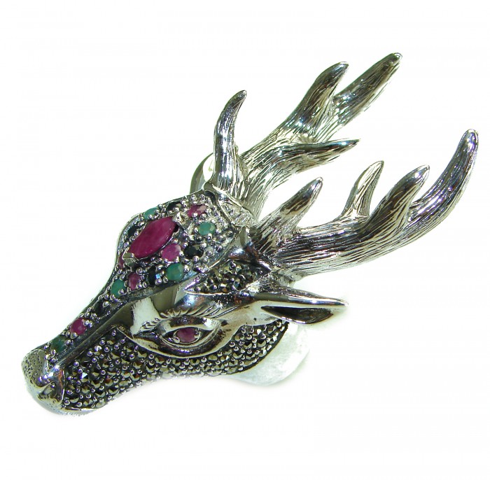 Large Deer Head Authentic Ruby .925 Sterling Silver handmade Ring size 7 - photo 5