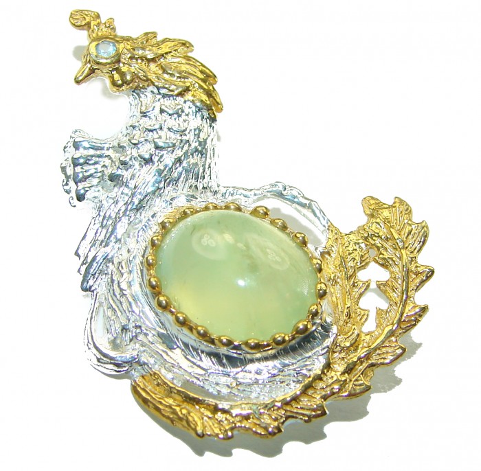 Green Rooster 11.2 carat Prehnite 2 tones .925 Sterling Silver handmade Pendant Brooch - photo 2
